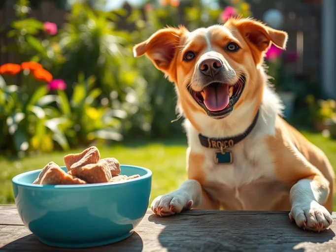 IMG_3751.jpg: A cheerful dog named Bronco eagerly waiting by a bowl filled with homemade frozen dog treats made from beef broth and yogurt, set in a sunny backyard with vibrant greenery, Nikon D850, 35mm f/1.4 lens, bright afternoon light, photorealistic, high detail.